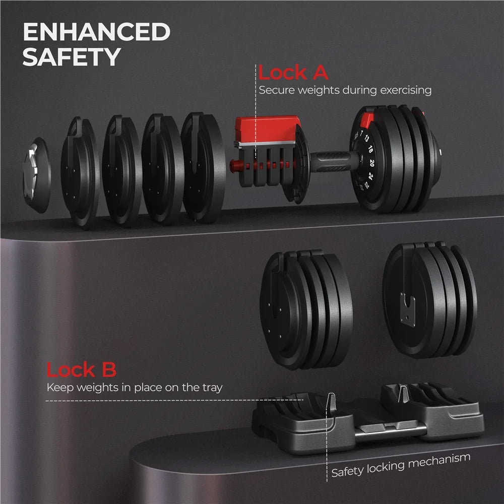 52.5Lb Adjustable Dumbbell Set with Anti-Slip Handle and Tray, Black