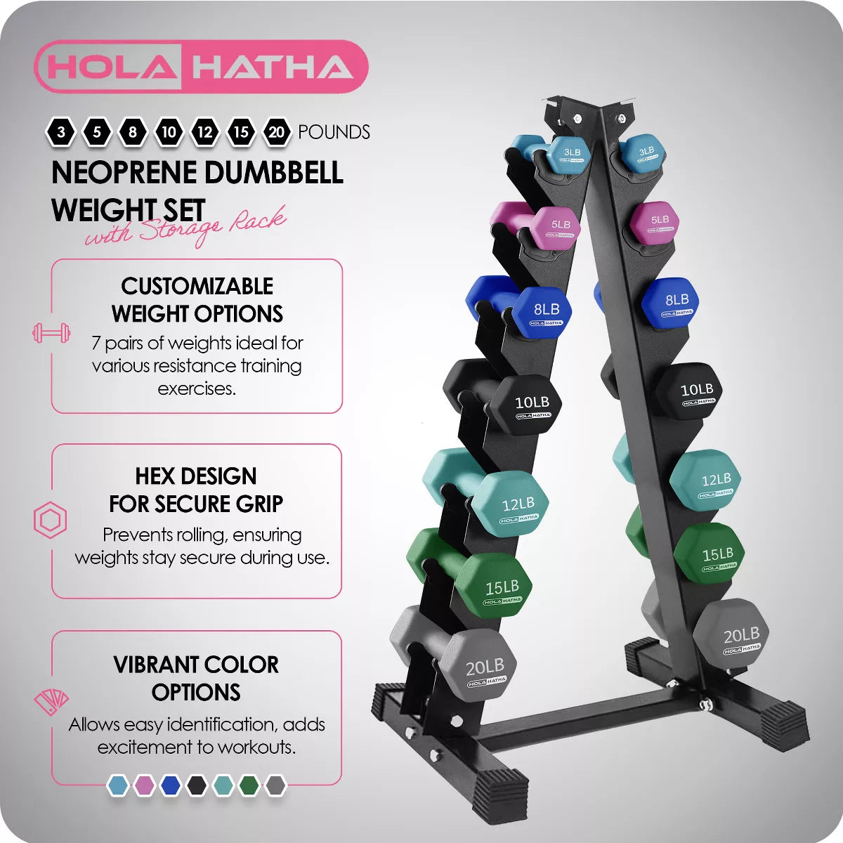 Holahatha 146 Pound Neoprene Dumbbell Full Body Weight Set with Storage Rack