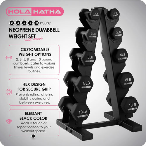 2, 3, 5, 8, and 10 Pound Neoprene Dumbbell Weight Set with Rack